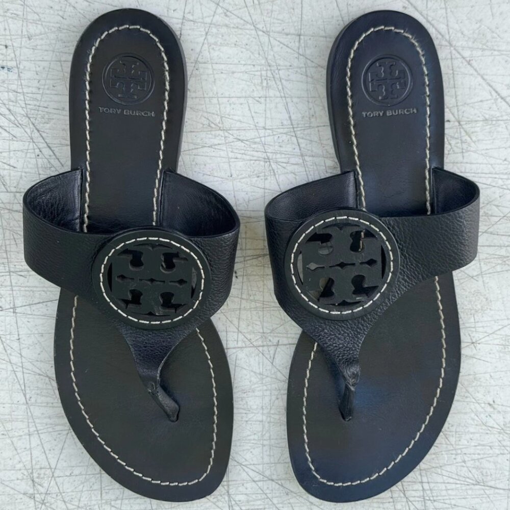 Tory Burch Louisa Sandlas Sz 7.5 Black Leather Slip On Thing Flip Flop 32068